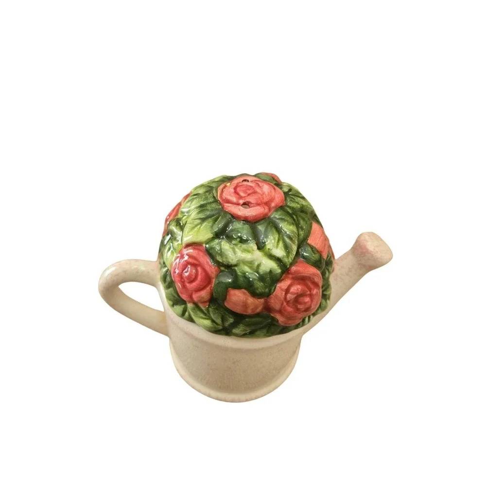 Vintage Nesting Ceramic Watering Can & Flowers Bush Salt And Pepper Shaker Set